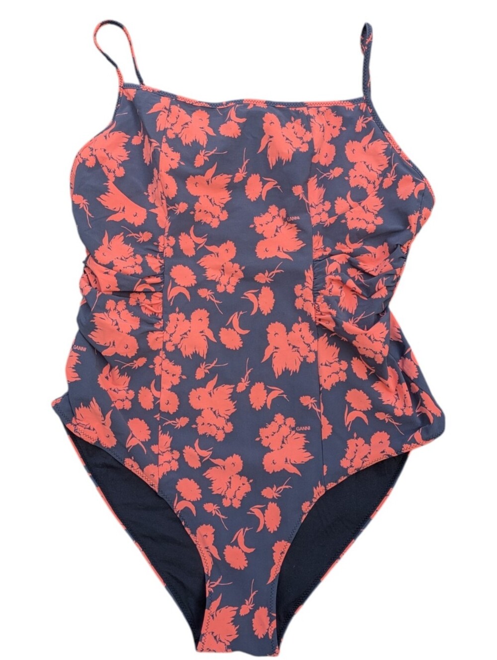 Ganni Gray Orange Floral One Piece Swimsuit